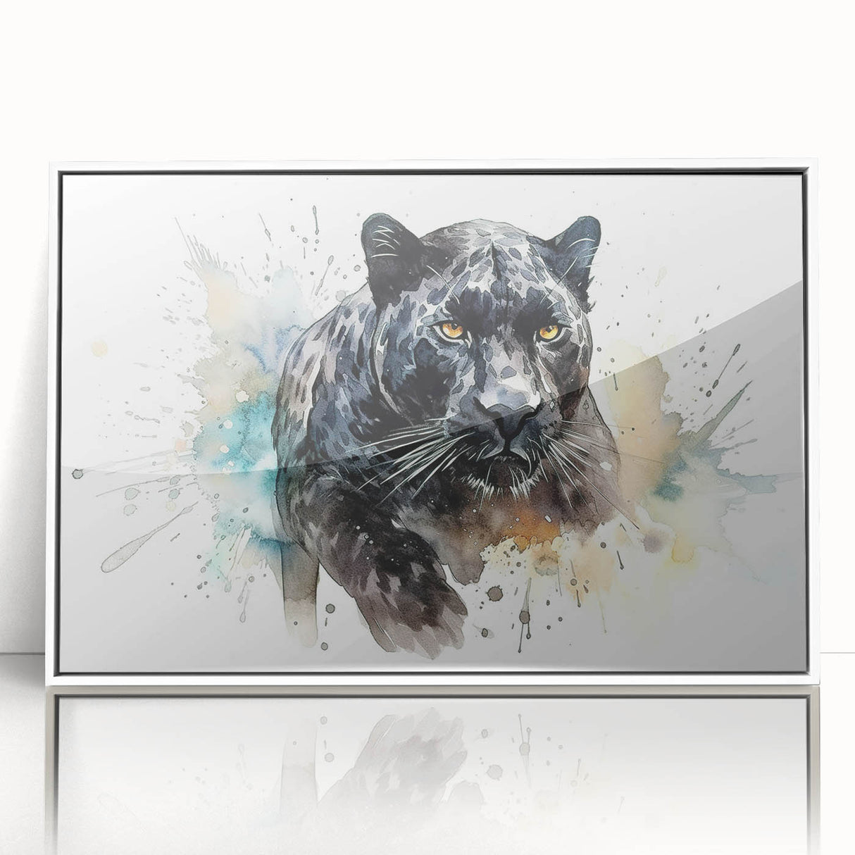Framed acrylic wall art featuring a striking jaguar design in a white frame, showcasing vibrant colors and intricate details, ideal for animal lovers and modern decor.