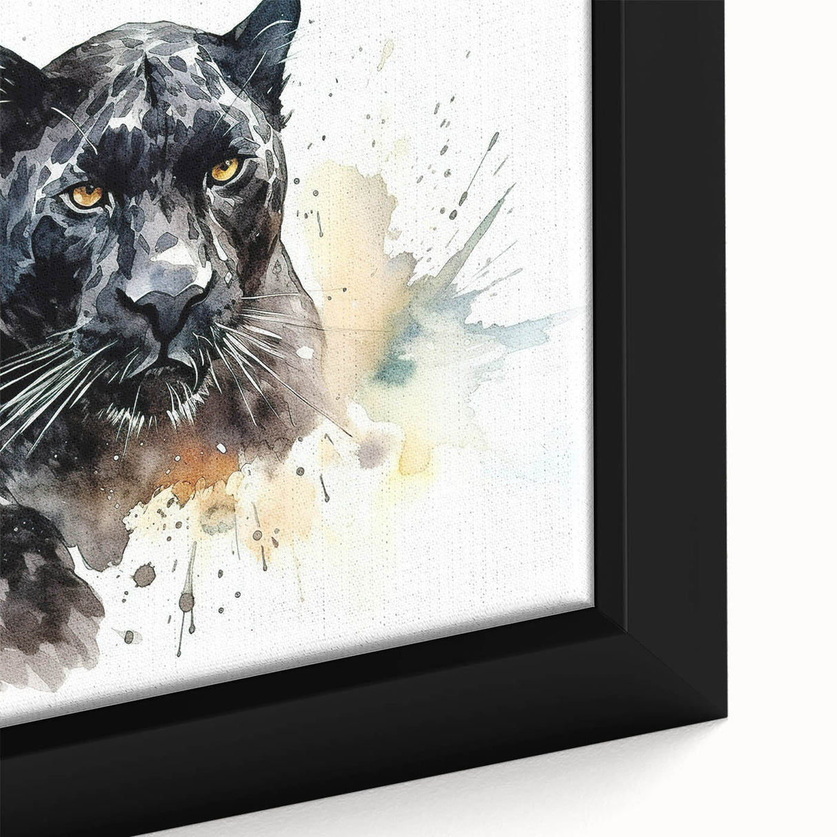Close-up of a framed canvas wall art featuring a stunning jaguar design, showcasing vivid colors and intricate details, perfect for animal lovers and home decor enthusiasts.
