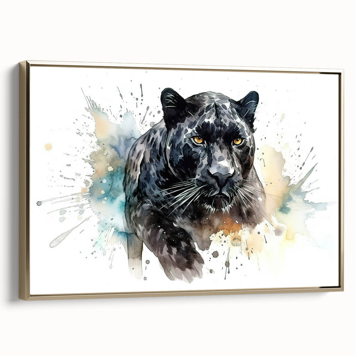 Framed canvas wall art featuring a stunning side view of a jaguar, showcasing intricate details in gold tones, perfect for wildlife enthusiasts and modern decor.