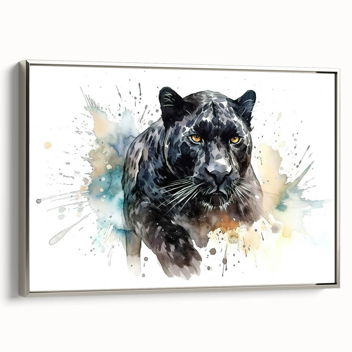 Framed wall art featuring a striking silver-side view of a jaguar, showcasing its intricate design and vibrant colors, perfect for wildlife enthusiasts and home decor.