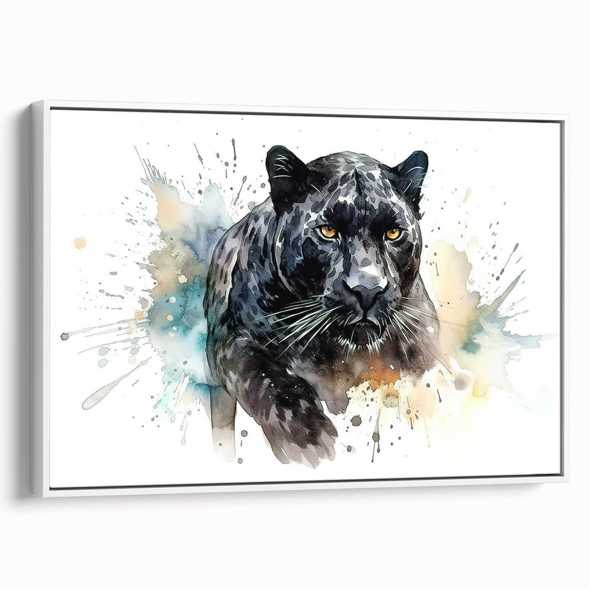 Framed wall art featuring a striking jaguar design on canvas with a white background, showcasing vibrant colors and intricate details in a side view presentation. Perfect for animal lovers and contemporary decor enthusiasts.