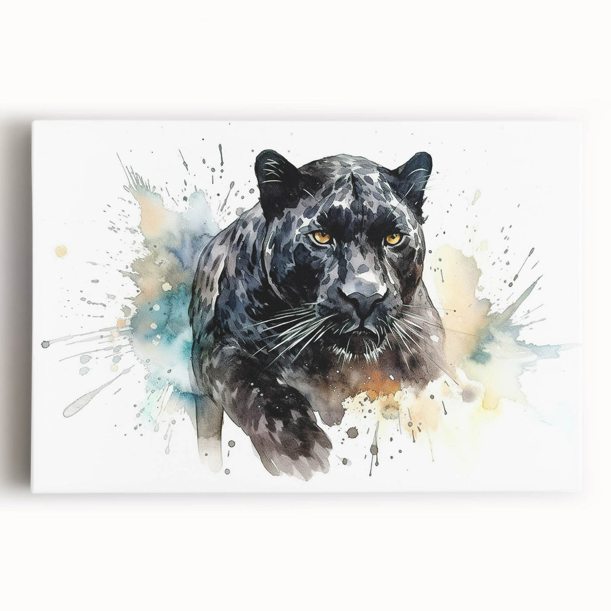 Vibrant stretched canvas wall art featuring a detailed front view of a majestic jaguar, showcasing its striking fur patterns and intense gaze, perfect for wildlife enthusiasts.