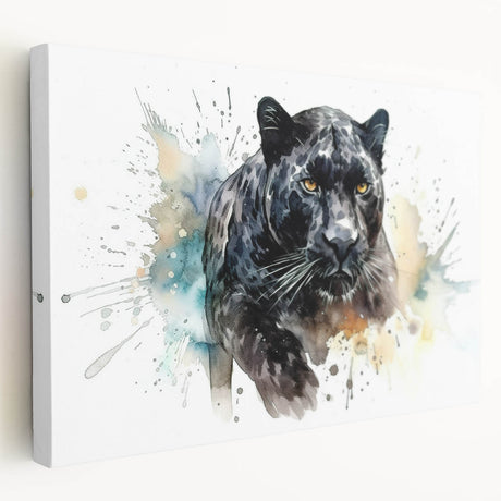 Stretched canvas artwork showcasing a striking side view of a jaguar in a vibrant jungle setting, perfect for animal lovers and nature-inspired decor.