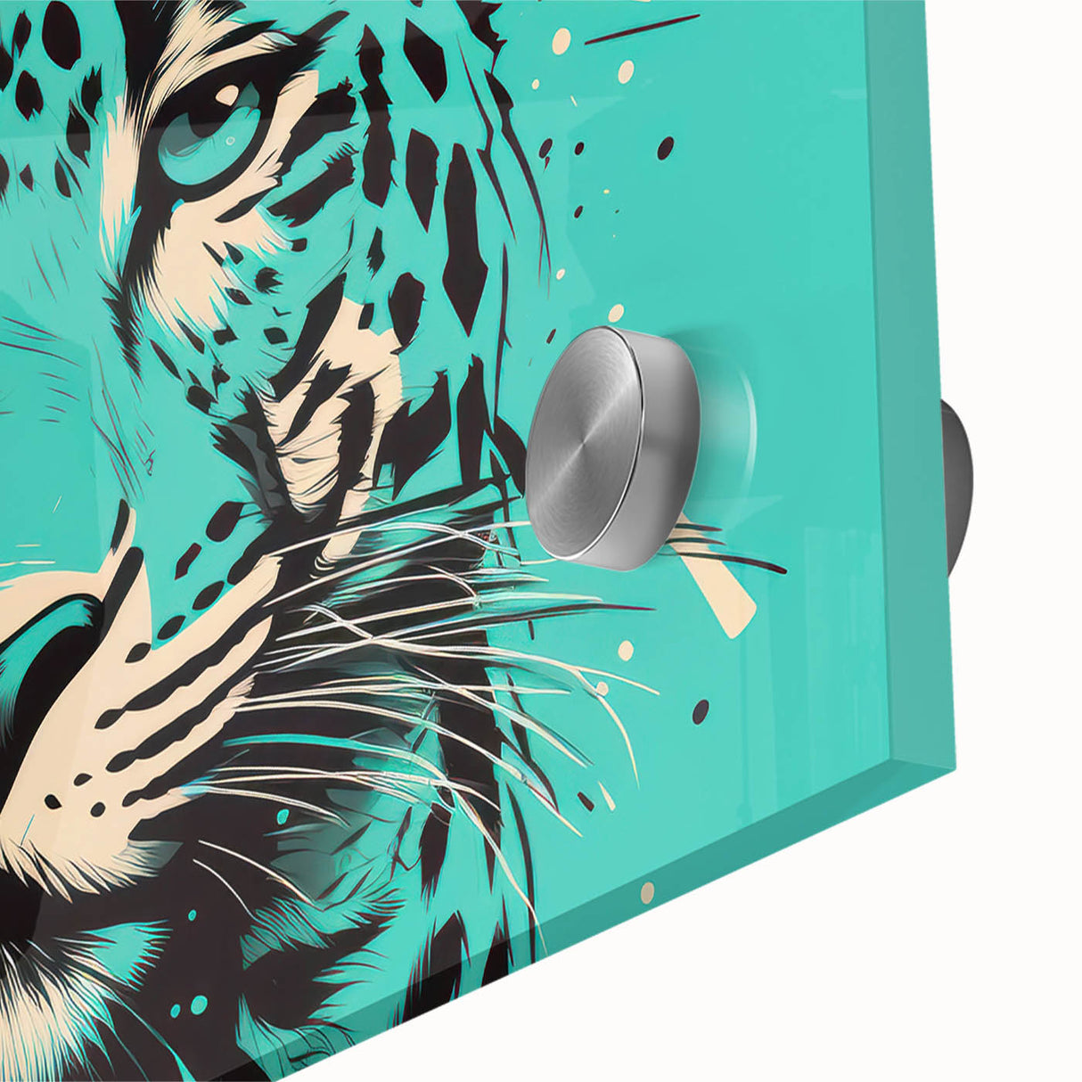 Close-up of a striking jaguar wall art design printed on acrylic glass, showcasing vibrant colors and intricate details that highlight the wild beauty of this majestic animal, perfect for wildlife enthusiasts and home decor.