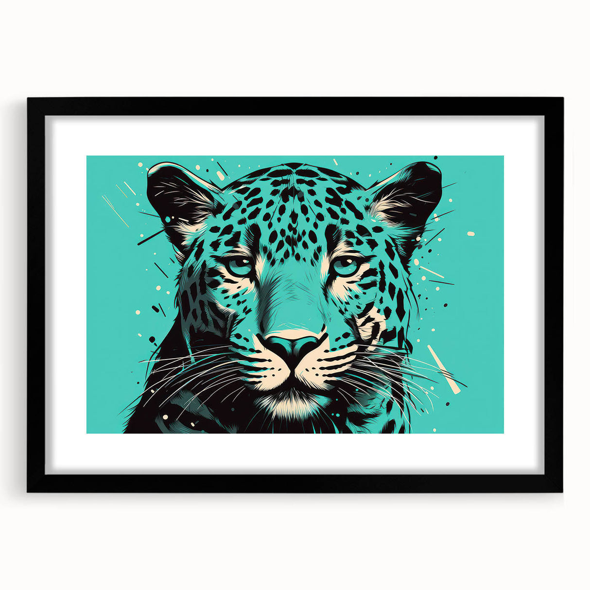 Jaguar wall art design framed with a black mat, showcasing a striking wildlife illustration that highlights the jaguar's vibrant colors and intricate details, ideal for nature enthusiasts and home decor.