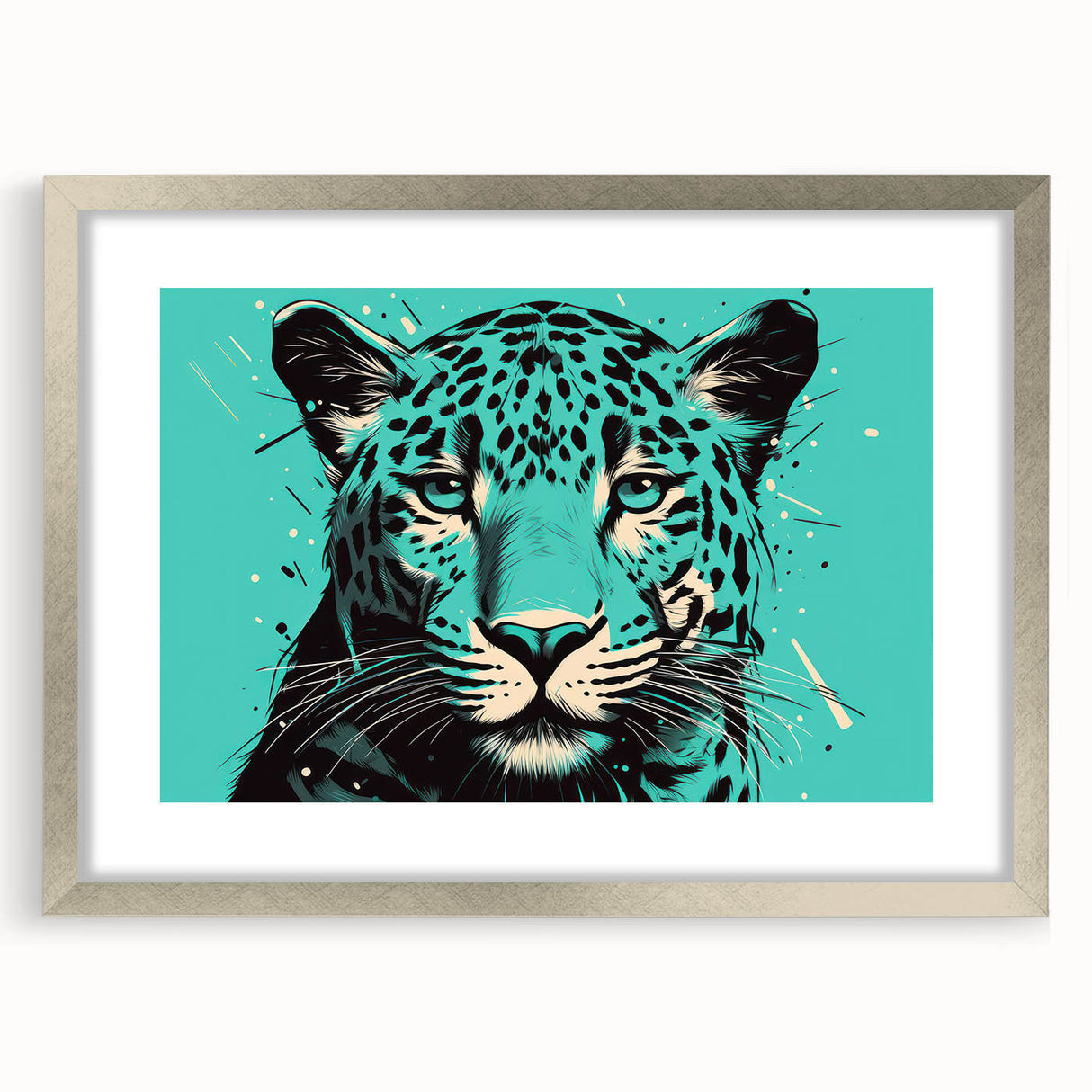 Framed wall art showcasing a striking jaguar design in vibrant colors, featuring a sleek silver frame and mat, perfect for wildlife enthusiasts' decor.