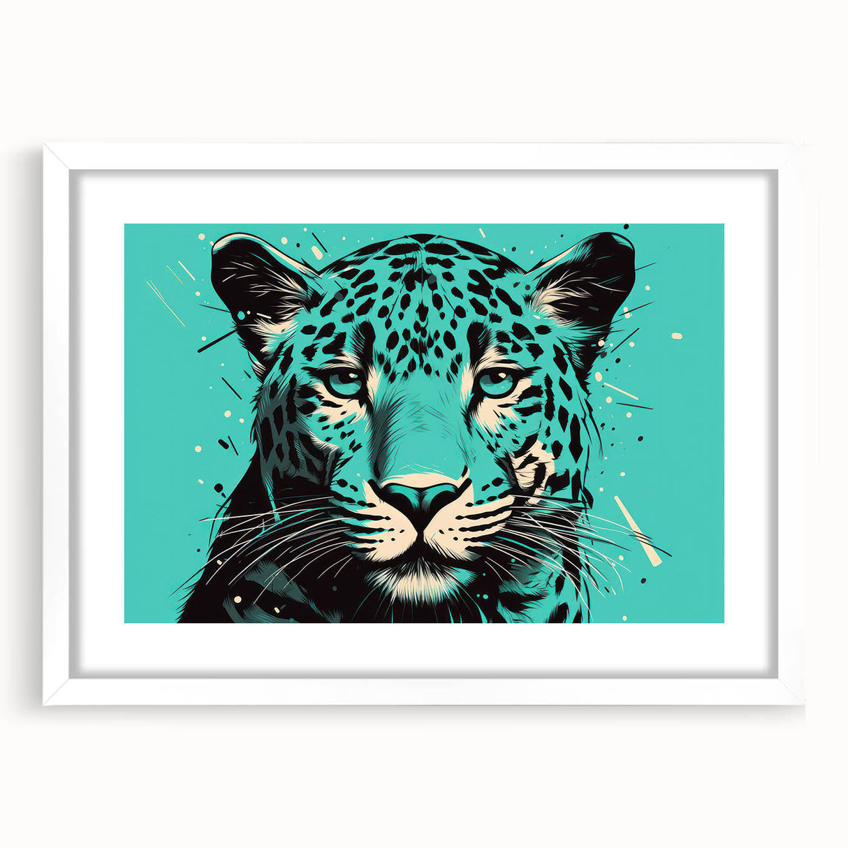 Jaguar-themed wall art collection framed with a white mat, showcasing a vibrant and artistic design that captures the essence of wildlife, perfect for home decor.