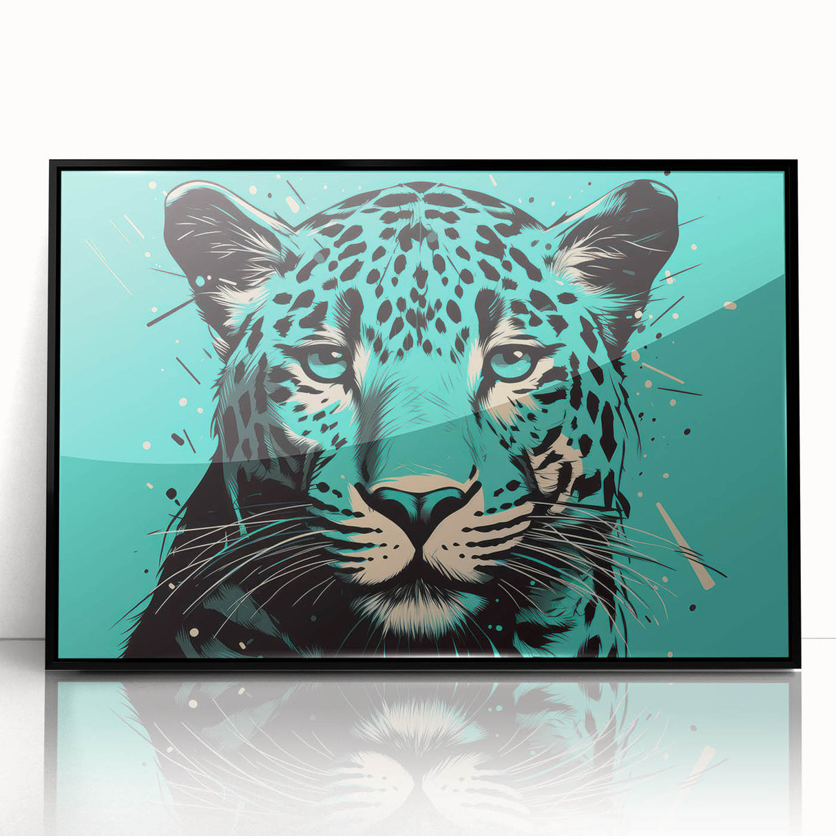 Framed wall art featuring a striking black and white jaguar design, showcasing intricate details and bold lines, perfect for wildlife enthusiasts and modern decor.