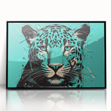 Framed wall art featuring a striking black and white jaguar design, showcasing intricate details and bold lines, perfect for wildlife enthusiasts and modern decor.