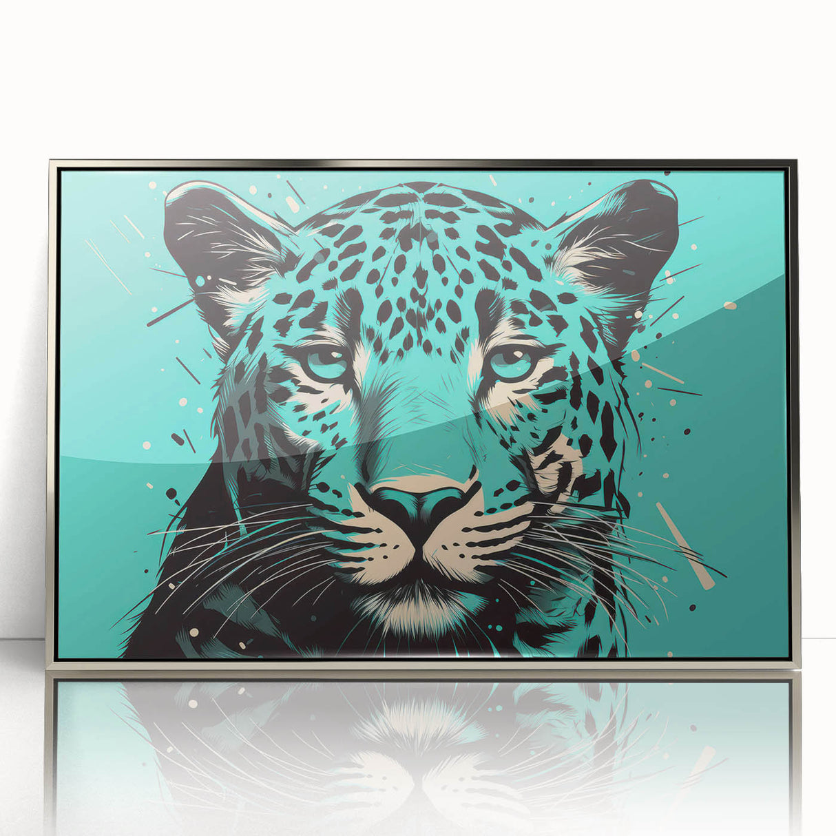 Framed wall art featuring a striking jaguar design in a silver-acrylic finish, showcasing vivid colors and intricate details, perfect for wildlife enthusiasts.
