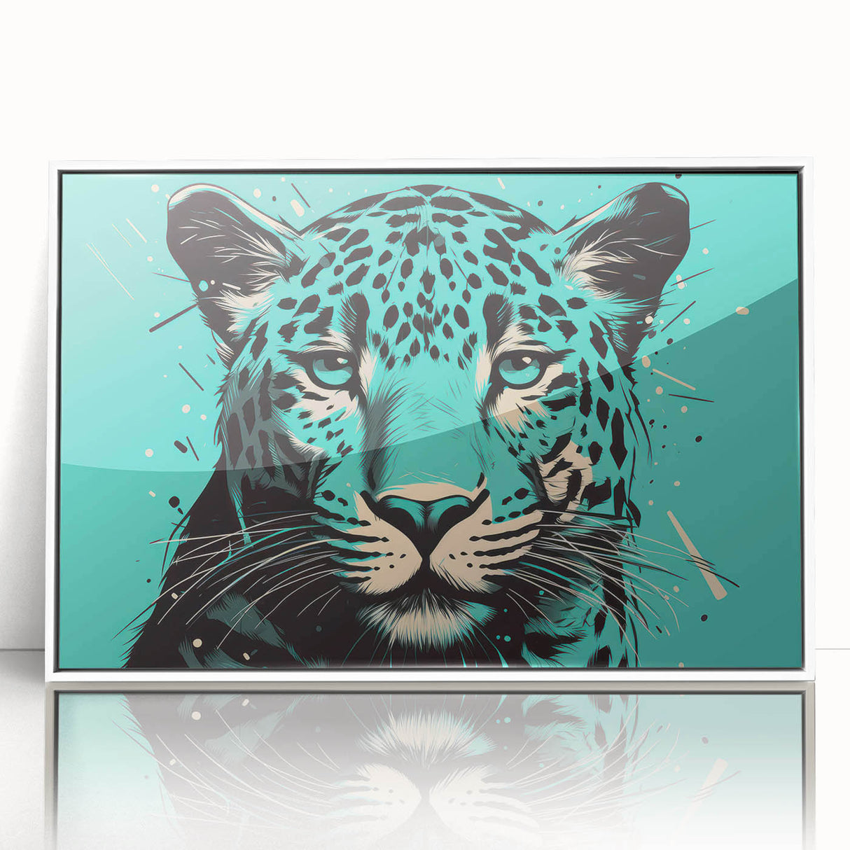 Framed wall art featuring a striking jaguar design, showcasing vibrant colors and intricate details on a white background, perfect for animal lovers' decor.