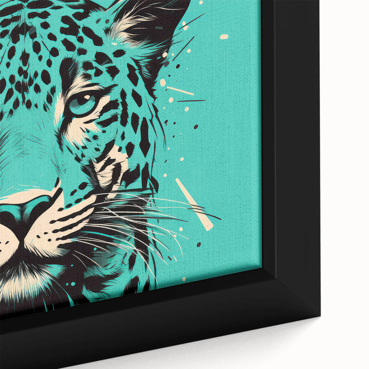 Close-up of a framed canvas wall art featuring a striking jaguar design, showcasing intricate details and vibrant colors, perfect for wildlife enthusiasts and home decor.