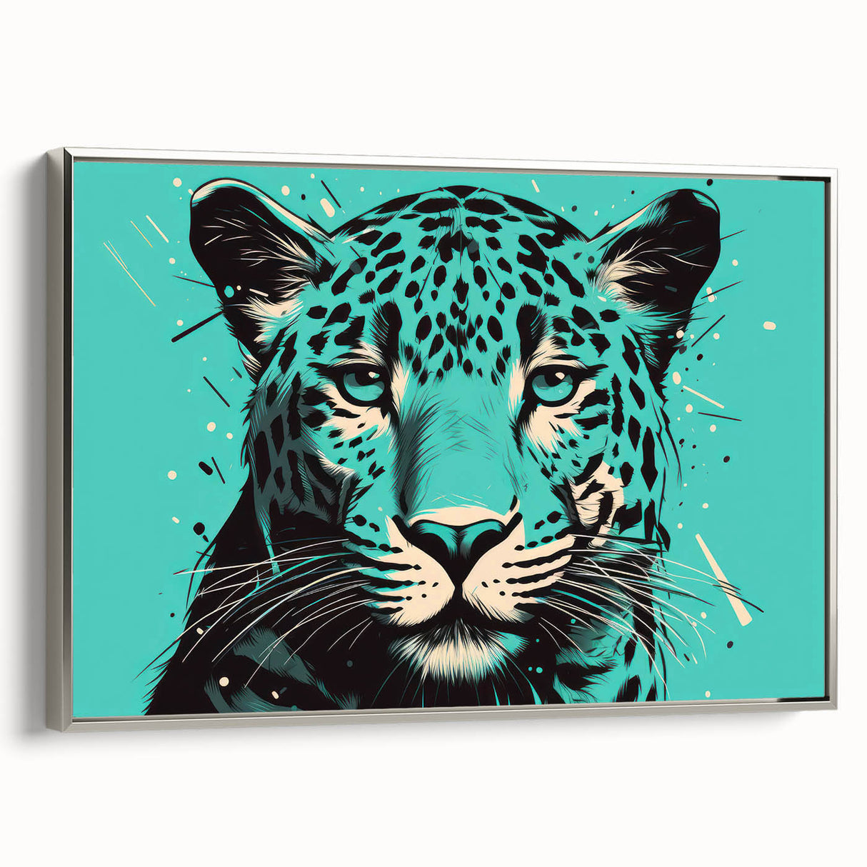 Framed wall art featuring a striking silver and black jaguar design on canvas, showcasing its detailed patterns and vibrant colors, perfect for wildlife decor enthusiasts.