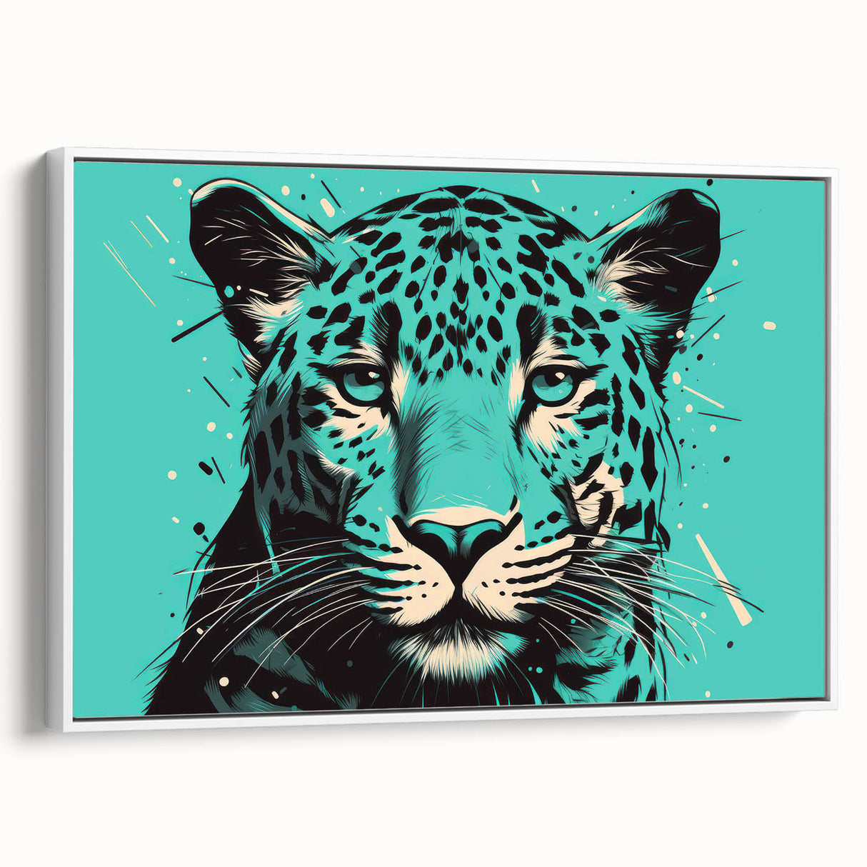 Framed wall art featuring a striking jaguar design in a wild-life theme, showcasing vibrant colors and intricate details against a white background, ideal for animal lovers and modern decor.