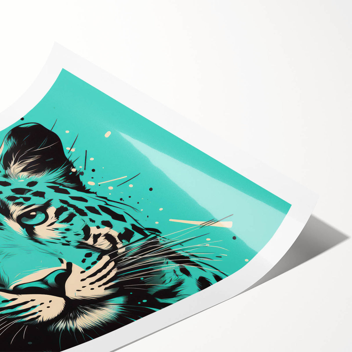 Vibrant jaguar wall art design on a rolled print, showcasing intricate details and bold colors, perfect for wildlife enthusiasts and home decor lovers.
