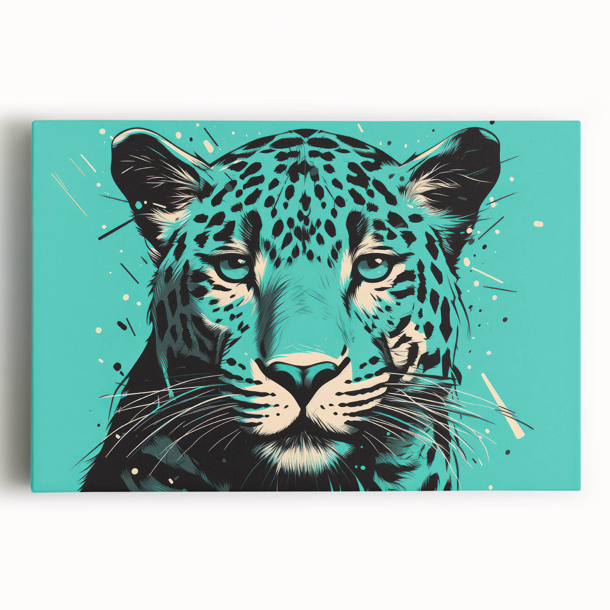 Jaguar wall art design on stretched canvas showcasing a striking front view of the majestic animal, ideal for enhancing wildlife-themed decor and interior spaces.