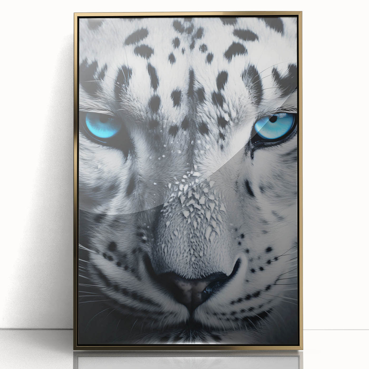 Framed wall art featuring a striking gold-accented front view of a jaguar, showcasing intricate details and vibrant colors, perfect for wildlife enthusiasts.