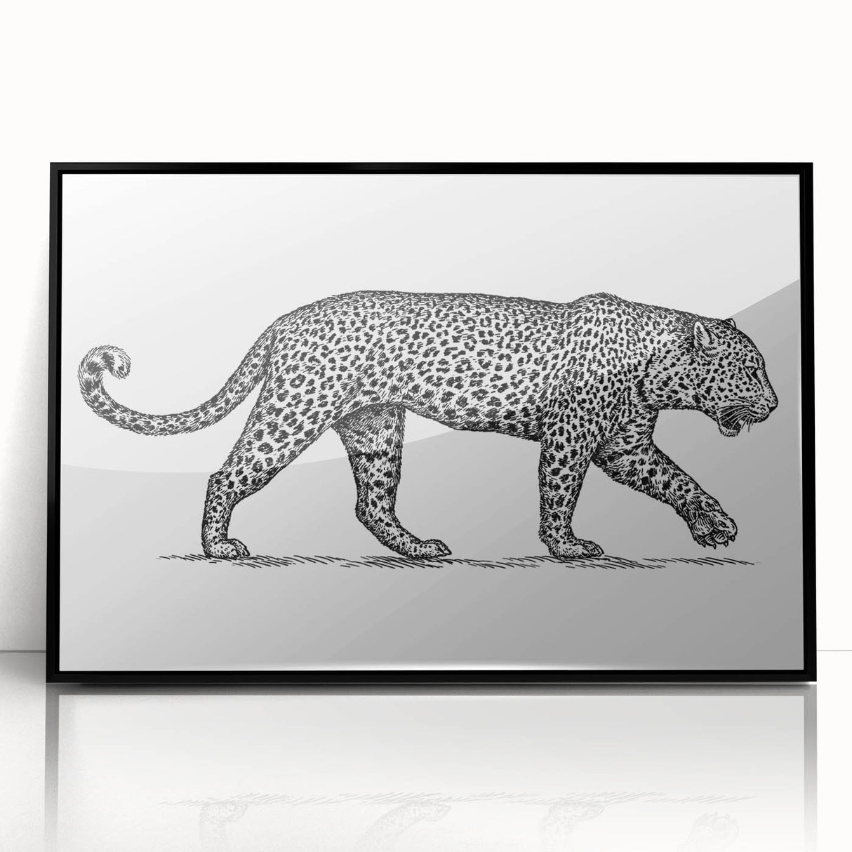 Framed wall art featuring a striking jaguar design from the "Animals A Wild Life" collection, showcasing detailed black and gold accents against a sleek black frame.