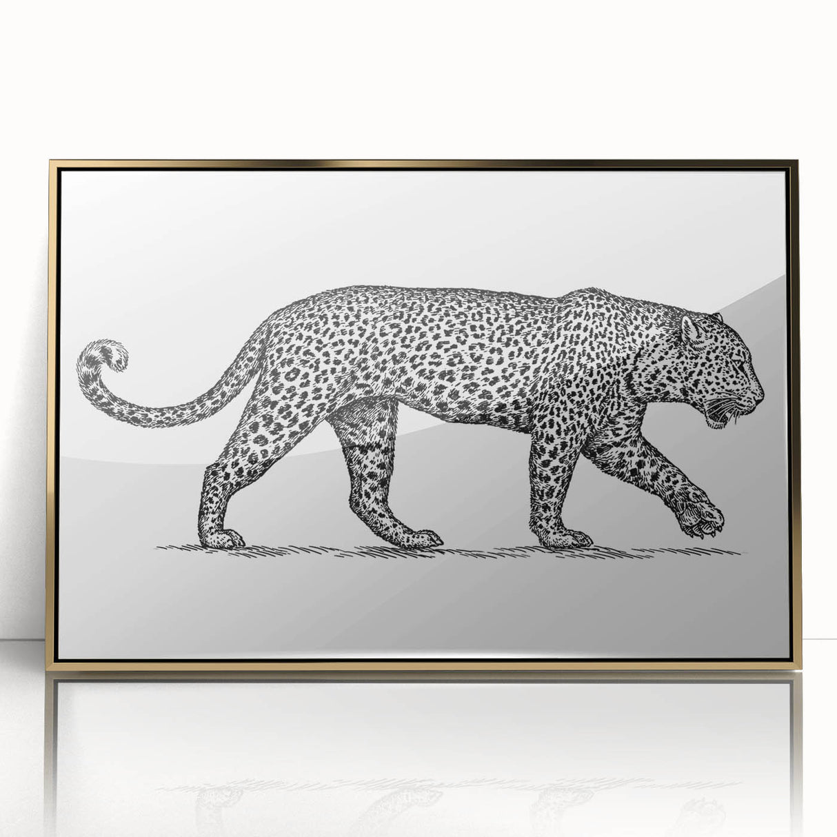 Framed wall art featuring an elegant jaguar design in vibrant colors, with a gold-accented frame, showcasing the majestic animal in a striking front view. Ideal for wildlife enthusiasts and home decor.