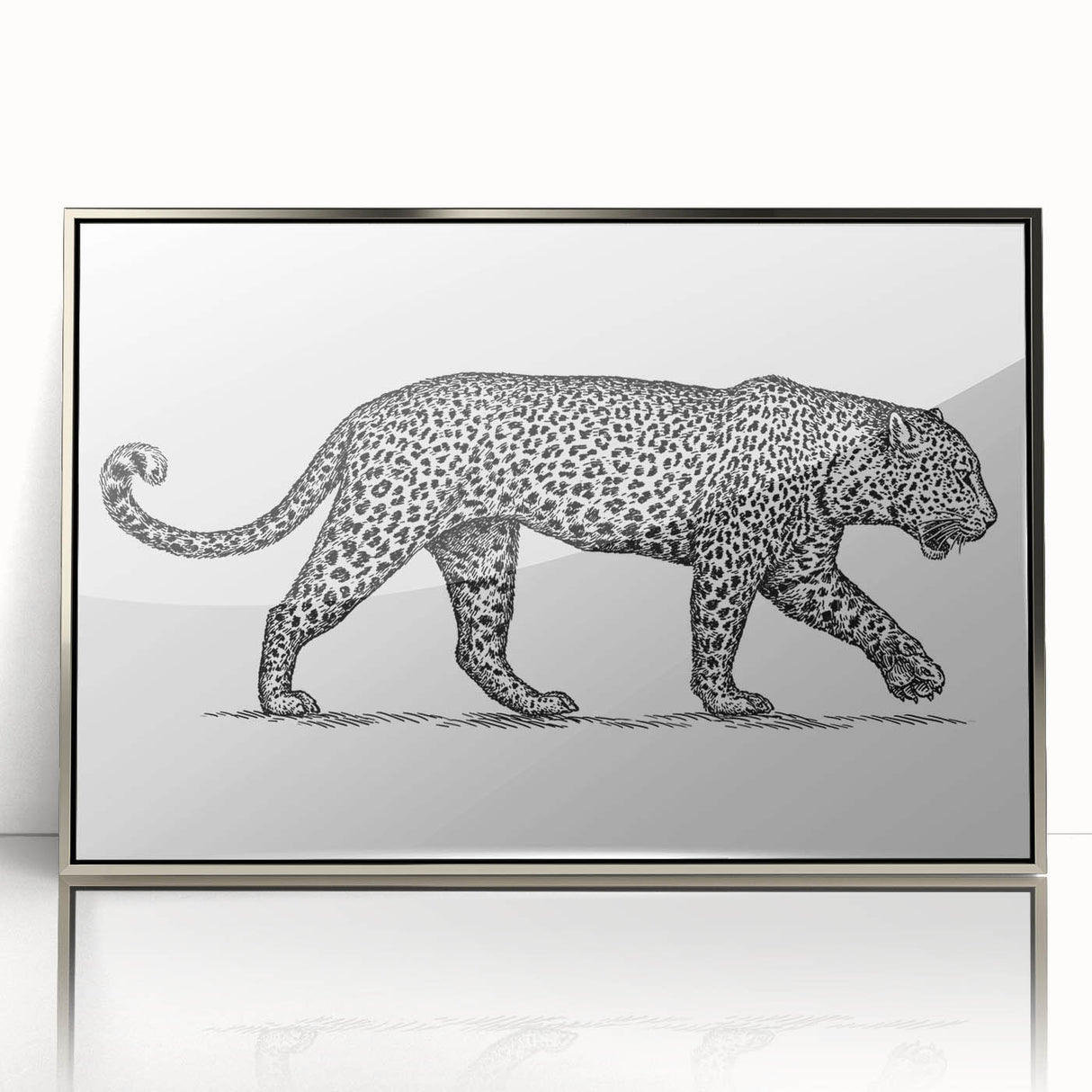 Framed wall art showcasing a striking jaguar design in vibrant colors, elegantly displayed behind acrylic glass with a sleek silver frame, perfect for wildlife enthusiasts.