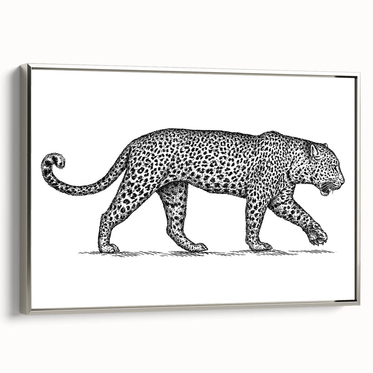 Framed canvas wall art showcasing a striking silver-hued jaguar design from the 'Animals A Wild Life' collection, ideal for modern decor enthusiasts.