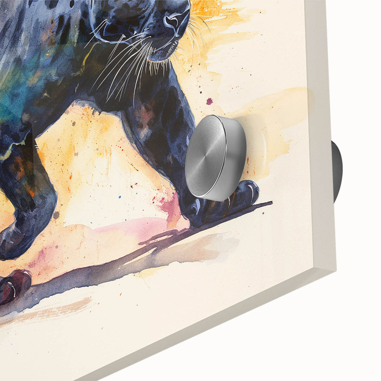 Close-up of a striking jaguar wall art design showcasing vibrant colors and intricate details, printed on high-quality acrylic glass for a stunning visual impact. This wildlife-themed artwork captures the essence of nature, perfect for animal lovers and home decor enthusiasts.