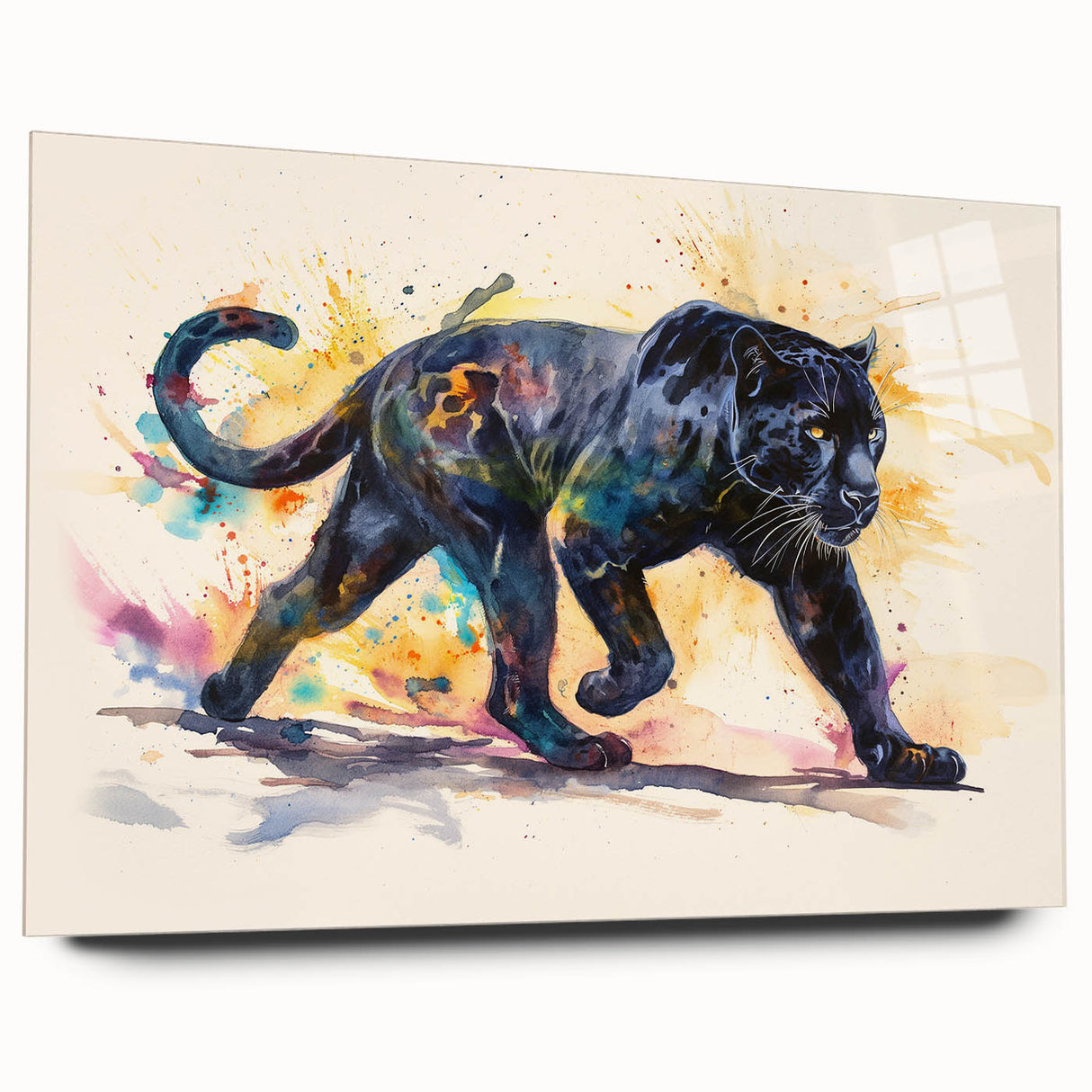 Side view of a sleek acrylic glass wall art piece featuring a vibrant jaguar design, showcasing its intricate details and colors, perfect for wildlife enthusiasts.