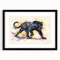 Jaguar-themed wall art design featuring a striking black frame and mat, showcasing vivid colors and intricate details, perfect for animal lovers and home decor enthusiasts.