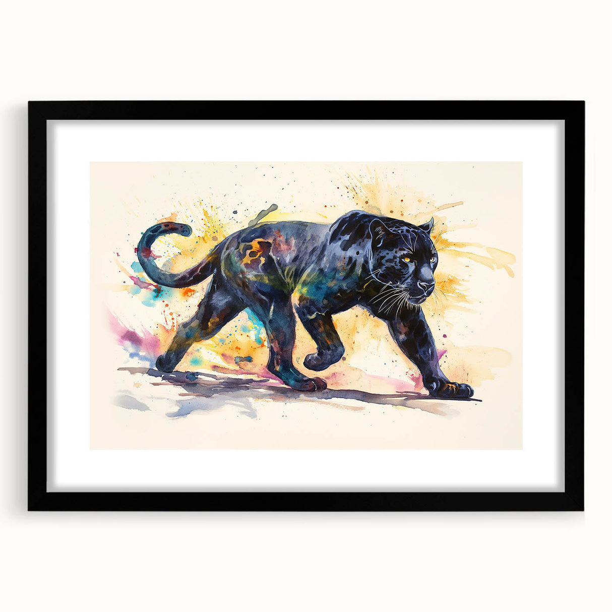 Jaguar-themed wall art design featuring a striking black frame and mat, showcasing vivid colors and intricate details, perfect for animal lovers and home decor enthusiasts.