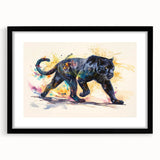 Jaguar-themed wall art design featuring a striking black frame and mat, showcasing vivid colors and intricate details, perfect for animal lovers and home decor enthusiasts.