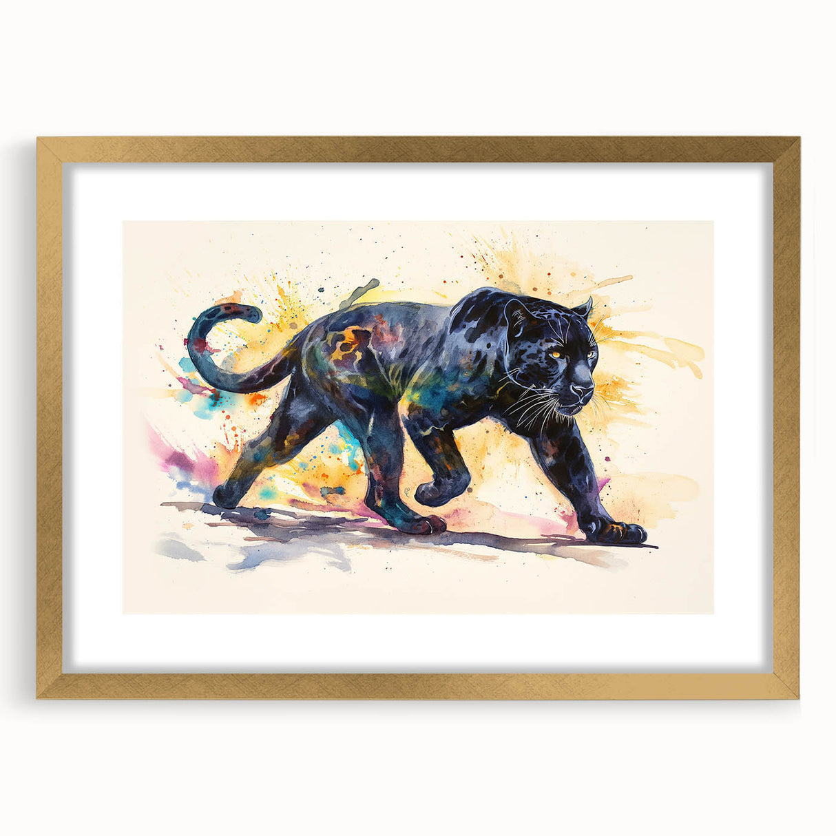 Jaguar wall art framed print showcasing a striking gold mat and modern design, perfect for animal lovers and home decor enthusiasts. Ideal for adding a bold touch to any room.