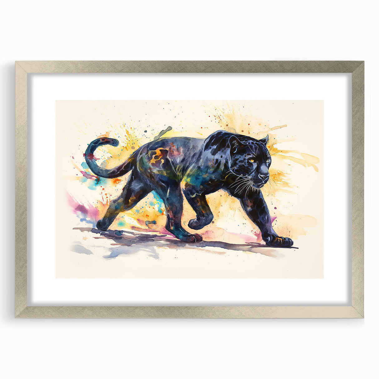 Front view of a silver-framed wall art piece featuring a striking jaguar design from the "Animals A Wild Life" collection, showcasing vibrant colors and intricate details, perfect for wildlife enthusiasts and home decor.
