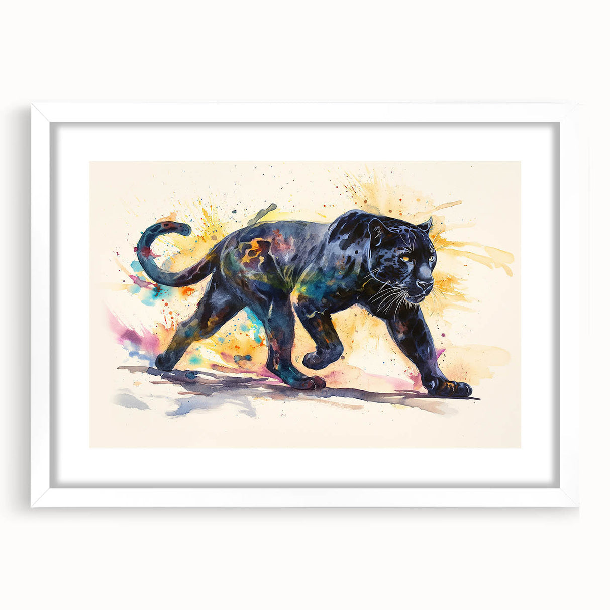 Framed wall art featuring a striking jaguar design, highlighted by a white mat and sleek black frame, perfect for animal lovers and home decor enthusiasts.