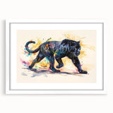 Framed wall art featuring a striking jaguar design, highlighted by a white mat and sleek black frame, perfect for animal lovers and home decor enthusiasts.