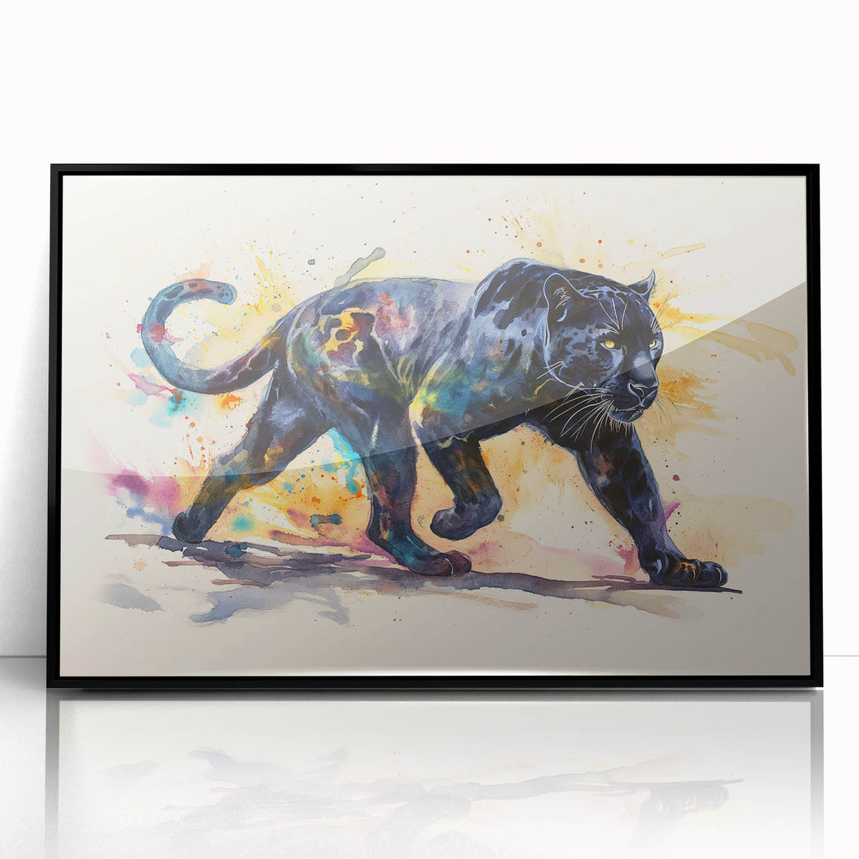 Framed wall art featuring a striking black and white jaguar design, showcasing intricate details and textures, perfect for wildlife enthusiasts and modern decor.