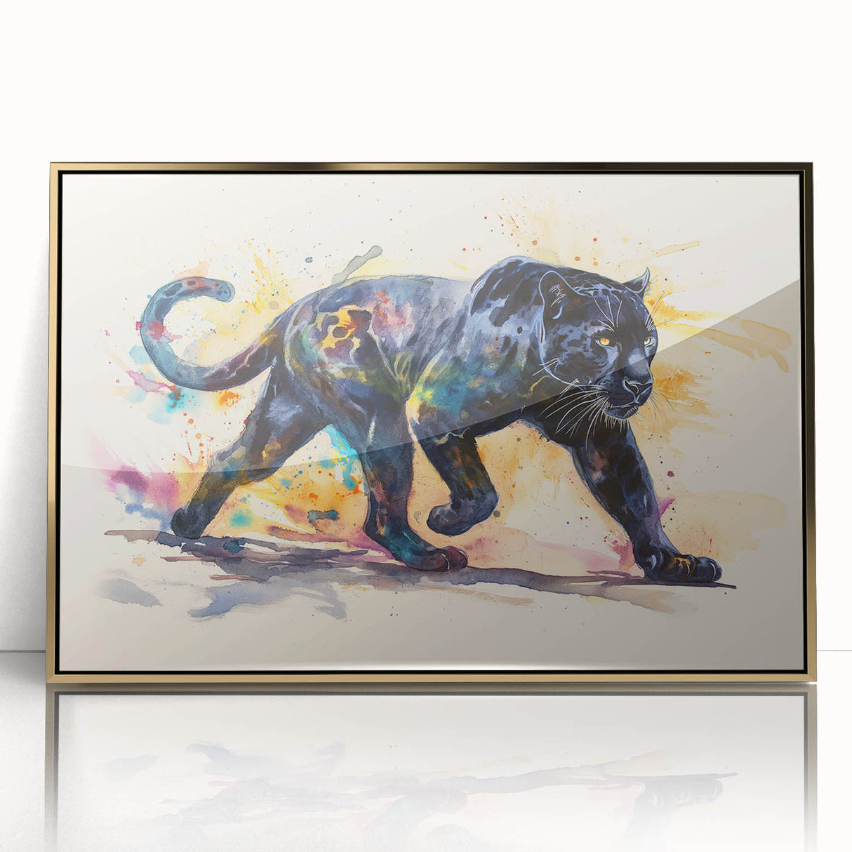 Framed wall art featuring a majestic jaguar design in vibrant colors, set against a gold-acrylic background, perfect for wildlife enthusiasts and home decor.
