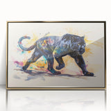Framed wall art featuring a majestic jaguar design in vibrant colors, set against a gold-acrylic background, perfect for wildlife enthusiasts and home decor.