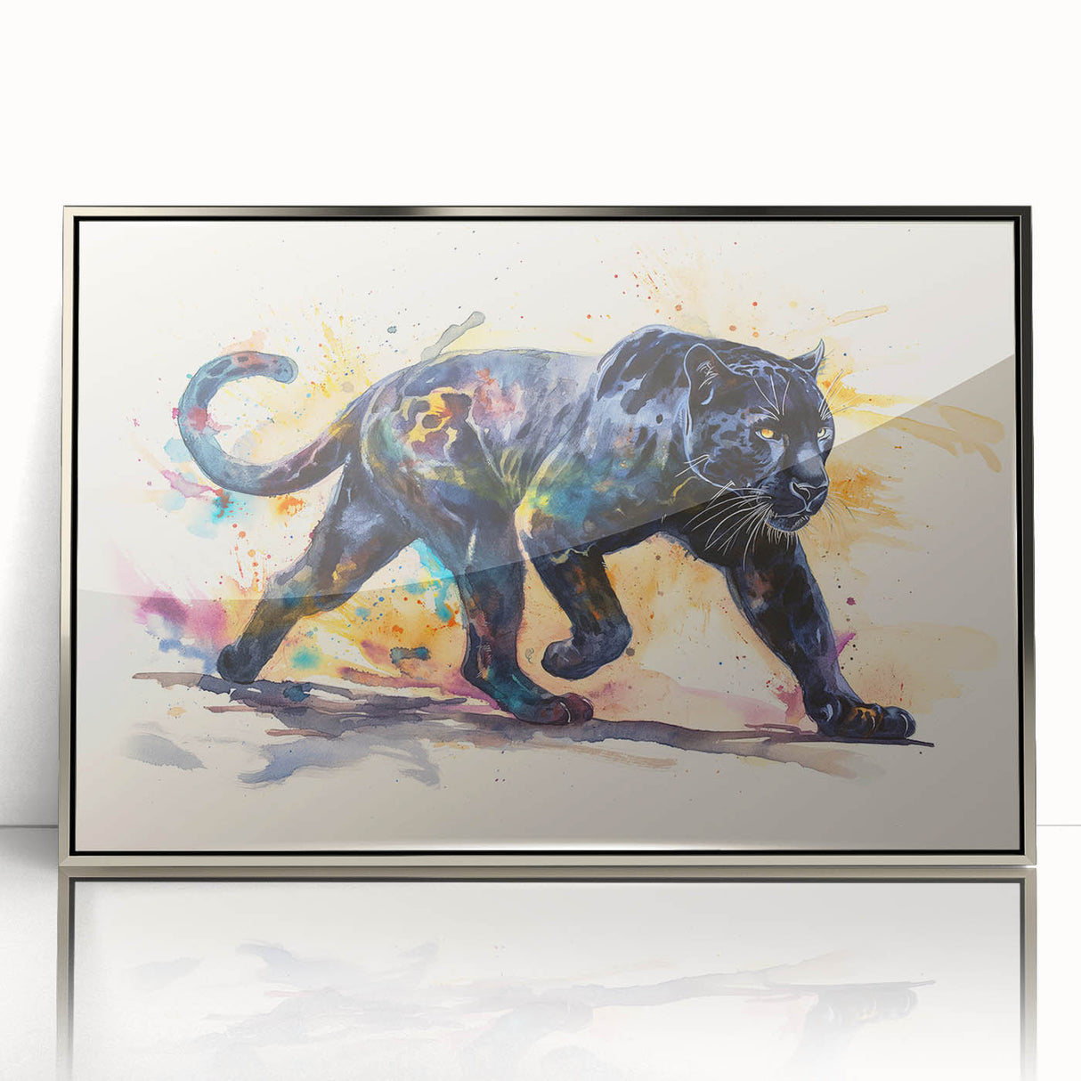 Framed wall art featuring a striking silver-accented jaguar design, showcasing intricate details and vibrant colors, perfect for wildlife enthusiasts and modern decor.