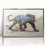Framed wall art featuring a striking silver-accented jaguar design, showcasing intricate details and vibrant colors, perfect for wildlife enthusiasts and modern decor.