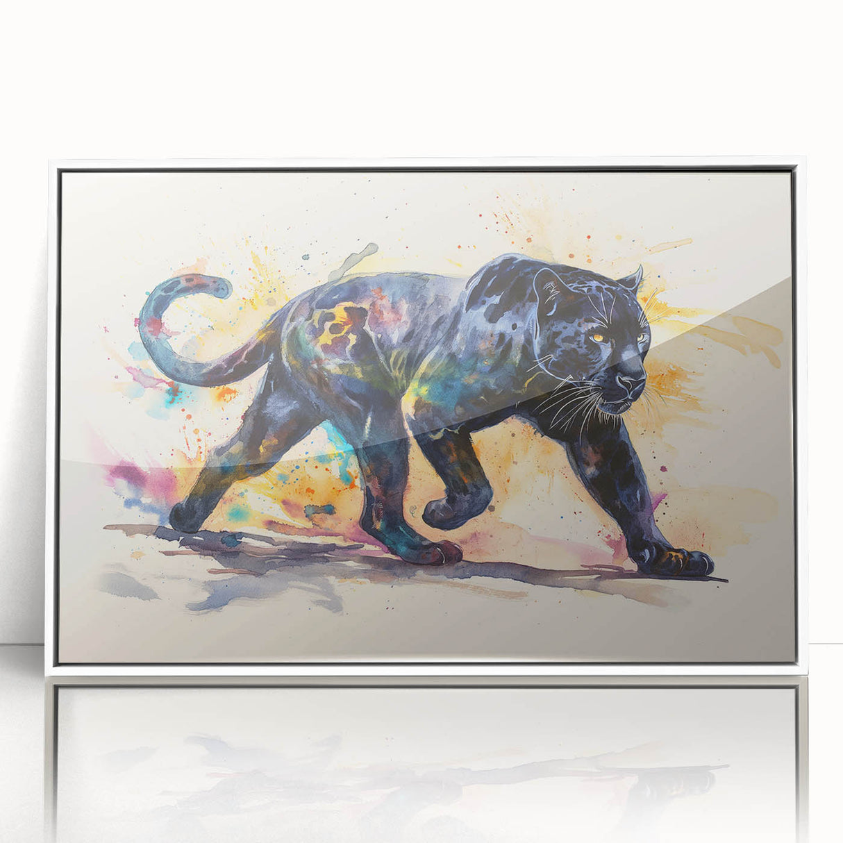 Framed wall art featuring a striking jaguar design, showcasing vibrant colors and detailed textures, ideal for adding a bold wildlife aesthetic to any space.
