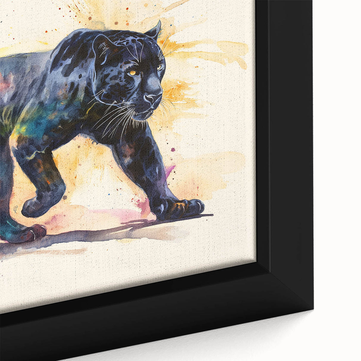 Close-up of a framed canvas wall art featuring a striking jaguar design, showcasing intricate details and vibrant colors, perfect for wildlife enthusiasts and home decor.