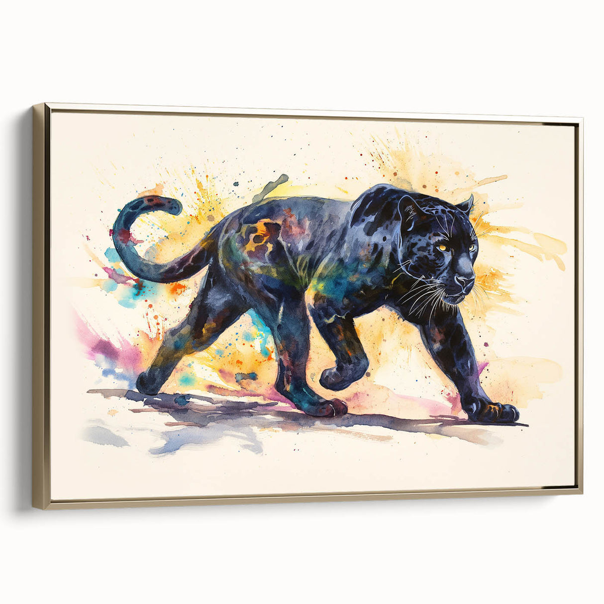Framed canvas wall art showcasing a striking side view of a jaguar against a gold background, highlighting intricate design details and vibrant colors, perfect for wildlife enthusiasts.
