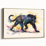 Framed canvas wall art showcasing a striking side view of a jaguar against a gold background, highlighting intricate design details and vibrant colors, perfect for wildlife enthusiasts.