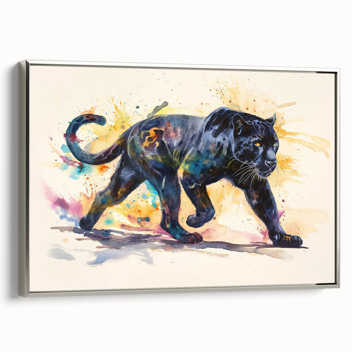 Framed wall art featuring a striking silver-side view design of a jaguar, showcasing its intricate details and vibrant colors, perfect for wildlife enthusiasts.