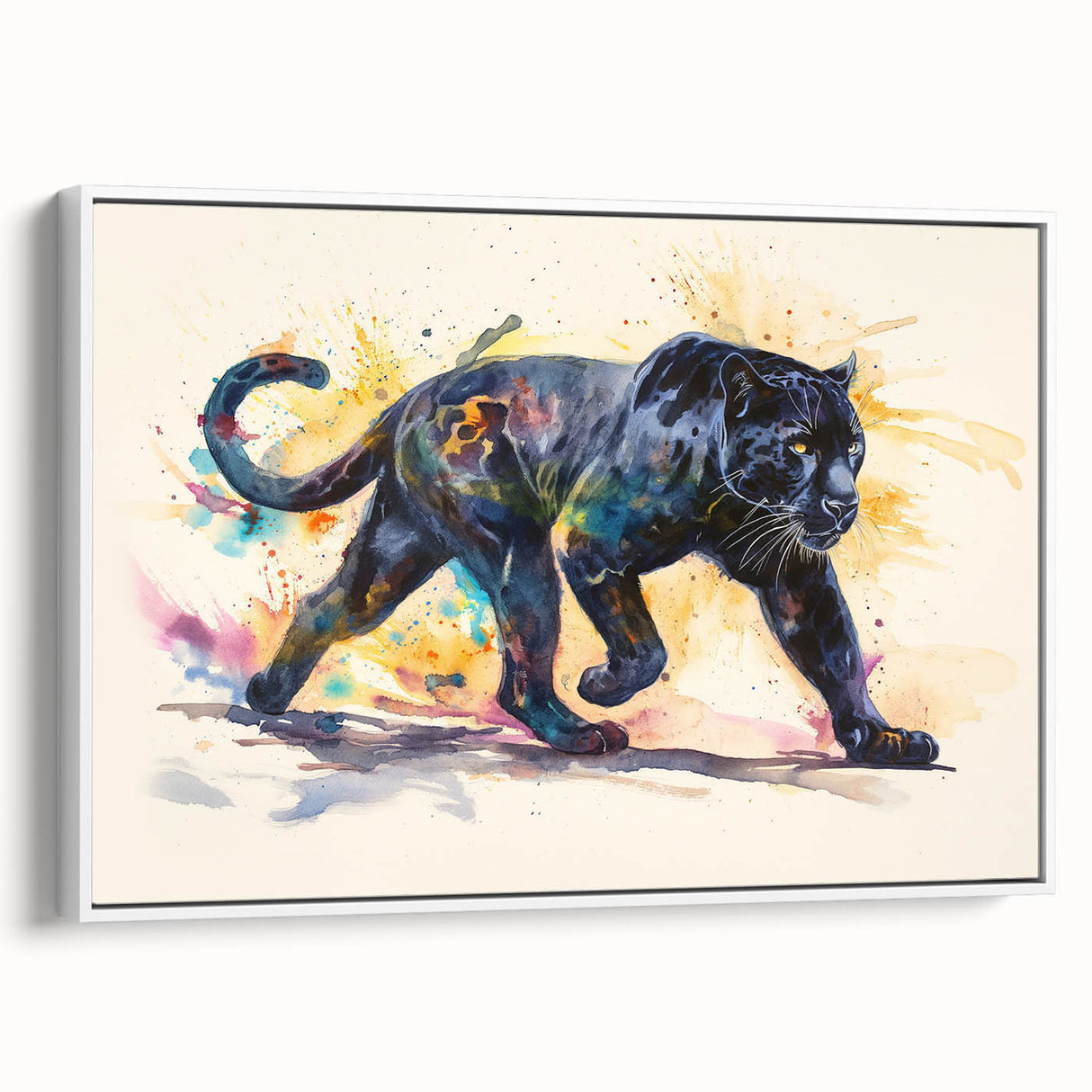 Framed canvas wall art featuring a striking jaguar design, showcasing vibrant colors and intricate details, perfect for wildlife enthusiasts and home décor.