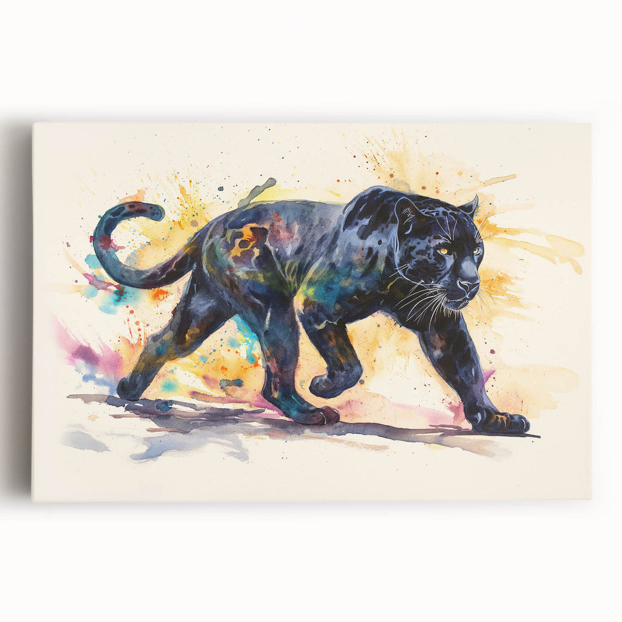 Stretched canvas wall art featuring a striking front view of a majestic jaguar, showcasing its vibrant fur patterns and intense gaze, perfect for wildlife decor enthusiasts.