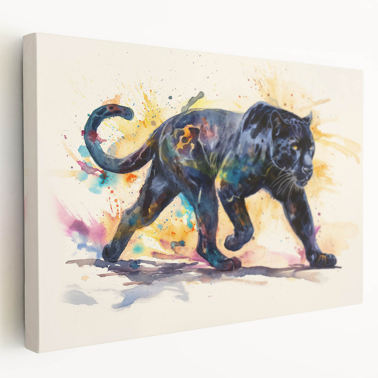 Stretched canvas wall art of a jaguar design showcasing vibrant colors and intricate details, perfect for wildlife enthusiasts and home decor accents.