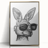 Framed wall art showcasing a vibrant kangaroo design with gold accents, set against a sleek black background, perfect for wildlife enthusiasts and modern decor.