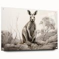 Acrylic glass wall art featuring a vibrant kangaroo design from the Animals A Wild Life collection, displayed in a side view with decorative pins, perfect for animal lovers.