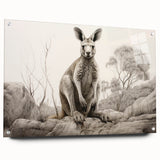 Acrylic glass wall art featuring a vibrant kangaroo design from the Animals A Wild Life collection, displayed in a side view with decorative pins, perfect for animal lovers.
